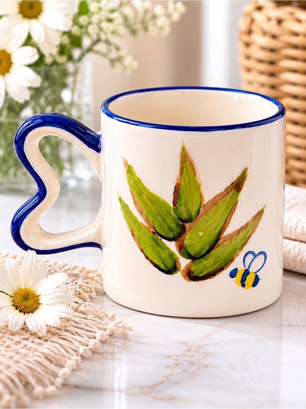 Anthropologie Heart Handle Ceramic Mug Blue Cream Bee Floral Coffee Cup